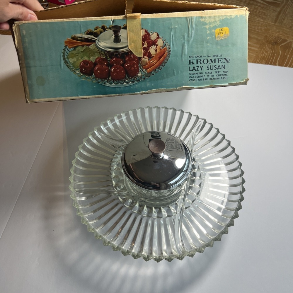 New Vintage‎ Kromex 3098-21 Glass Lazy Susan Vogue Giftware w/Original Box NOS